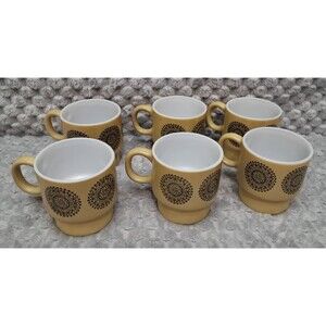 VTG Set 6 Cups Stacking Glass Milk Coffee Mug 1970s mandala Boho Harvest Medalli